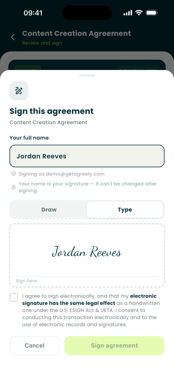 The signature sheet with Draw and Type options