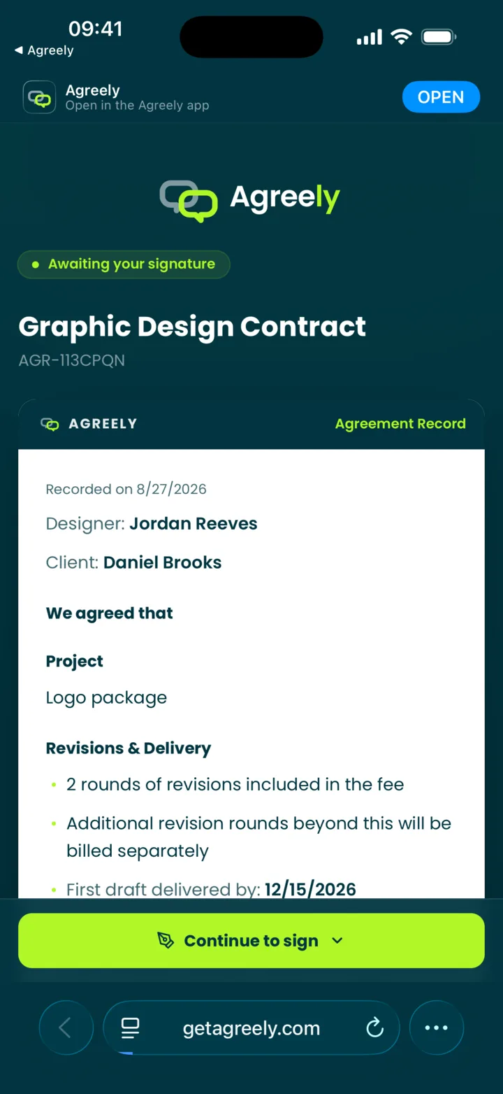 The signing page in a phone browser: Graphic Design Contract, awaiting your signature
